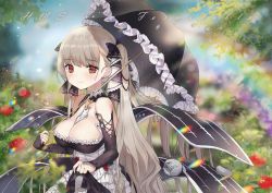 Rule 34 | 1girl, artist name, azur lane, bare shoulders, between breasts, black umbrella, blurry, blurry background, blush, breasts, character name, collarbone, dress, flight deck, flower, formidable (azur lane), frilled dress, frilled umbrella, frills, large breasts, leaf, long hair, looking at viewer, md5 mismatch, outdoors, platinum blonde hair, rainbow, red eyes, red flower, red rose, resolution mismatch, rose, seozo, source larger, twintails, two-tone dress, two-tone ribbon, umbrella, upper body
