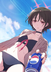 Rule 34 | 1girl, bikini, black bikini, black choker, black hair, blue archive, blue sky, breasts, can, choker, cloud, commentary request, cowboy shot, day, drink can, dutch angle, highres, holding, holding can, looking at viewer, looking down, misaki (blue archive), misaki (swimsuit) (blue archive), navel, official alternate costume, open clothes, open shirt, outdoors, parted lips, pepsi, shibuya susano, shirt, short hair, sky, small breasts, soda can, solo, striped clothes, striped shirt, sweat, swimsuit, variant set, vertical-striped clothes, vertical-striped shirt