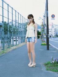 denim highres hoshino_aki photo_(medium) rapture sandals shorts tank_top