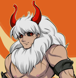 Rule 34 | 1boy, asterios (fate), black sclera, closed mouth, colored sclera, fate/grand order, fate (series), hair between eyes, horns, long hair, male focus, mane, muscular, muscular male, nattouan, nipples, orange background, pectorals, red eyes, red horns, scar, scar on arm, scar on chest, scar on face, scar on mouth, smile, solo, topless male, upper body, white hair