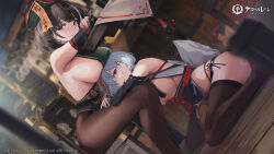 Rule 34 | 2girls, azur lane, backless outfit, bare shoulders, black hair, black pantyhose, black thighhighs, blurry, blush, bottle, breast curtains, breast rest, breasts, breasts on head, chair, china dress, chinese clothes, closed mouth, commentary request, copyright name, depth of field, detached sleeves, dress, dutch angle, flower knot, from side, green headwear, hat, head rest, highres, hwah jah (azur lane), hwah jah (the festive undead) (azur lane), indoors, kuybyshev (azur lane), lap pillow, large breasts, leviathan (hikinito0902), looking at viewer, looking to the side, manjuu (azur lane), multiple girls, official art, ofuda, on chair, on floor, panty straps, pantyhose, pelvic curtain, plant, purple eyes, qingdai guanmao, red eyes, red wine, revealing clothes, short hair, sideboob, sideless outfit, sitting, sleeveless, sleeveless dress, smile, spill, table, tassel, thighhighs, thighs, tongue, tongue out, white hair, wine, wine bottle, wooden floor