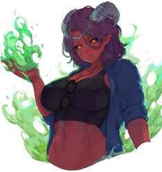 Rule 34 | 1girl, between breasts, black sclera, black tank top, blue jacket, breasts, cleavage, closed mouth, collarbone, colored sclera, colored skin, commentary, crop top, cropped torso, demon girl, demon horns, english commentary, fire, green fire, hand up, highres, horns, jacket, large breasts, looking down, magic, medium hair, navel, open clothes, open jacket, original, parted bangs, pointy ears, purple hair, red skin, short sleeves, simple background, solo, sunglasses, tank top, tezy8art, upper body, white background