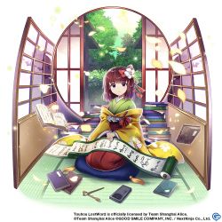 Rule 34 | 1girl, boots, bow, calligraphy brush, copyright notice, floral print, flower, full body, green kimono, hair bow, hair flower, hair ornament, hair ribbon, hieda no akyuu, indoors, japanese clothes, kimono, layered clothes, layered kimono, long sleeves, looking at viewer, official art, paintbrush, pillow, purple eyes, purple hair, red bow, red sash, red skirt, ribbon, rotte (1109), round window, sash, scroll, seiza, short hair, sitting, skirt, solo, tassel, touhou, touhou lostword, transparent background, wide sleeves, window, yellow kimono