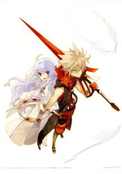 Rule 34 | 1boy, 1girl, :/, :d, absurdres, ahoge, al-fin, albino, blonde hair, boots, closed mouth, dress, gloves, highres, holding, holding sword, holding weapon, ito noizi, jin (shining force feather), locked arms, long hair, looking at viewer, messy hair, official art, open mouth, over shoulder, red eyes, red gloves, scan, shining (series), shining force feather, shorts, smile, spiked hair, standing, sword, sword over shoulder, weapon, weapon over shoulder, white dress, white hair