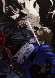 2boys alucard_(castlevania) belt black_coat blonde_hair blood blue_coat blue_eyes brown_hair castlevania:_symphony_of_the_night castlevania_(series) coat duel gloves highres holding holding_whip kaworunakano long_hair male_focus multiple_boys richter_belmont stab sword watermark weapon whip yellow_eyes