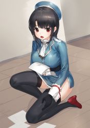 Rule 34 | 10s, 1girl, ascot, beret, black theme, black thighhighs, blue jacket, blue skirt, blunt bangs, breasts, commentary request, gloves, hallway, hat, high heels, holding, holding paper, jacket, kantai collection, kfr, kneeling, large breasts, long sleeves, looking up, military, military uniform, on one knee, open mouth, paper, pumps, red eyes, red footwear, shadow, shoes, short hair, skirt, solo, takao (kancolle), thighhighs, uniform, wooden floor