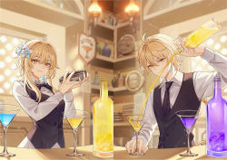 Rule 34 | 1boy, 1girl, aether (genshin impact), bartender, black necktie, blonde hair, bottle, braid, braided ponytail, brother and sister, cocktail, cocktail glass, cocktail shaker, collared shirt, cup, drink, drinking glass, earrings, employee uniform, flower, genshin impact, hair flower, hair ornament, highres, indoors, jewelry, long hair, long sleeves, lumine (genshin impact), necktie, pouring, shirt, siblings, sleepy1292673668, smile, uniform, vest, yellow eyes
