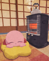 Rule 34 | 1other, blush, closed eyes, heater, highres, indoors, kettle, kirby, kirby (series), lying, miclot, nintendo, on stomach, open mouth, pillow, sleeping, sliding doors, smoke, star (symbol)