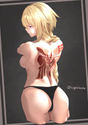 Rule 34 | 1girl, absurdres, ass, back, back tattoo, black panties, blonde hair, braid, breasts, closed mouth, command spell, fate/apocrypha, fate (series), grey background, highres, jeanne d&#039;arc (fate), jeanne d&#039;arc (ruler) (fate), large breasts, light smile, long braid, long hair, looking at viewer, looking back, panties, purple eyes, solo, tattoo, topless, underwear, vegetablenabe, very long hair