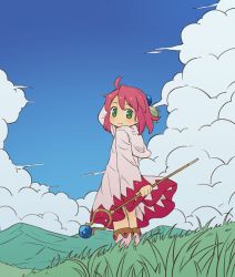 Rule 34 | 1girl, ahoge, boots, cloud, cloudy sky, day, final fantasy, final fantasy fables, grass, green eyes, hair ornament, looking back, mizuno mumomo, outdoors, pink hair, robe, shirma, sky, smile, solo, staff, standing, white mage (final fantasy)