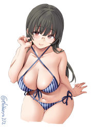 Rule 34 | 1girl, alternate costume, bikini, black hair, blue bikini, breasts, brown hair, choukai (kancolle), cleavage, collarbone, cowboy shot, ebifurya, glasses, hair between eyes, hair ornament, hand on own face, highres, kantai collection, large breasts, lips, long hair, looking at viewer, navel, one-hour drawing challenge, red eyes, rimless eyewear, side-tie bottom, simple background, smile, solo, striped bikini, striped clothes, swimsuit, twitter username, white background, white bikini