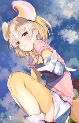 Rule 34 | 1girl, :3, animal ears, bad id, bad twitter id, blonde hair, blush, bow, bowtie, commentary, dnsdltkfkd, elbow gloves, fennec (kemono friends), fox ears, fox tail, fur trim, gloves, highres, kemono friends, looking at viewer, multicolored hair, pleated skirt, pointing, pointing at viewer, red eyes, short hair, short sleeves, skirt, solo, sparkle, squatting, sweater, tail, thighhighs, white hair, zettai ryouiki