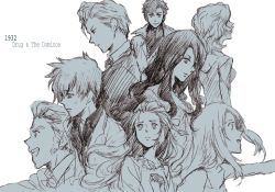 Rule 34 | 00s, 4boys, 4girls, artist request, baccano!, blue theme, claire stanfield, edith, edith (baccano!), eve genoard, greyscale, isaac dian, kate gandor, luck gandor, miria harvent, monochrome, multiple boys, multiple girls, roy maddock, simple background, sketch, white background