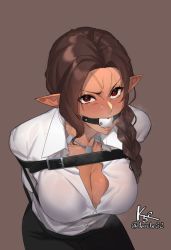 Rule 34 | 1girl, angry, arms behind back, ball gag, bdsm, belt, belt bondage, black skirt, blush, bondage, bound, bound arms, braid, breasts, brown hair, cleavage, collared shirt, commentary request, commission, covered mouth, cowboy shot, dark-skinned female, dark skin, dress shirt, from above, furrowed brow, gag, gagged, glaring, hair over shoulder, jewelry, k52, large breasts, long hair, necklace, original, pointy ears, red eyes, shirt, single braid, skirt, solo, sweat, tan, upper body, white shirt, wiffle gag