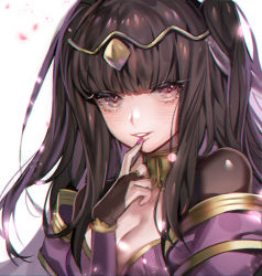 Rule 34 | 1girl, black hair, blunt bangs, blush, bodysuit, breasts, chromatic aberration, circlet, cleavage, commentary request, dress, eyelashes, finger to mouth, fire emblem, fire emblem awakening, long hair, looking at viewer, nail polish, nintendo, petals, pink nails, solo, tharja (bridal) (fire emblem), tharja (fire emblem), upper body, wedding dress, white background, zuizi