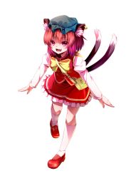 Rule 34 | 1girl, :d, absurdres, animal ears, bag, bow, brown hair, cat ears, cat girl, cat tail, chen, earrings, fang, female focus, full body, gradient hair, hat, highres, jewelry, mary janes, multicolored hair, multiple tails, open mouth, red eyes, ryosios, shoes, short hair, simple background, single earring, smile, solo, tail, touhou, white background, white legwear