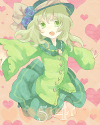 Rule 34 | 1girl, blue flower, blue rose, bow, female focus, flower, green eyes, green hair, hat, hat bow, heart, komeiji koishi, legomaru, matching hair/eyes, open mouth, outstretched arms, rose, skirt, solo, spread arms, touhou
