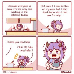 Rule 34 | 1girl, 4koma, :&lt;, apron, arknights, blue apron, chibi, comic, commentary, cooking pot, counter, english commentary, english text, frying pan, hibiscus (arknights), highres, horns, long hair, necktie, open mouth, ponytail, purple eyes, purple hair, short sleeves, twitter username, wittle red