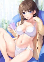 Rule 34 | 1girl, barefoot, blue eyes, boku no kanojo sensei, bra, breasts, brown hair, brown jacket, cleavage, coffee mug, collarbone, crotch seam, cup, earrings, fujiki maka, groin, half updo, holding, holding cup, jacket, jewelry, knee up, large breasts, long hair, looking at viewer, mug, navel, off shoulder, open clothes, open jacket, open mouth, oryo (oryo04), panties, reclining, smile, solo, stomach, thighs, underwear, white bra, white panties
