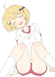 Rule 34 | 1girl, ahoge, arms at sides, bat hair ornament, blonde hair, blush, bob cut, breasts, buruma, closed eyes, collarbone, commentary request, facing viewer, fang, gem hair ornament, hair ornament, hairclip, happy, head tilt, hololive, itamochi, kneehighs, knees together feet apart, large breasts, name tag, open mouth, red buruma, red trim, shirt, short hair, short sleeves, sidelocks, simple background, sitting, smile, socks, solo, track suit, track uniform, virtual youtuber, white background, white shirt, white socks, yozora mel