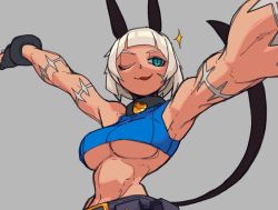 Rule 34 | 1girl, :3, belt, bone nig, breasts, collar, crop top, fingerless gloves, gloves, grey background, highres, large breasts, ms. fortune (skullgirls), navel, neck bell, one eye closed, outstretched arms, scar, skullgirls, smile, solo, underboob, upper body