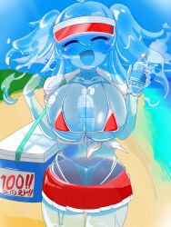 Rule 34 | 1girl, beach, bikini, bottle, breasts, cleavage, closed eyes, collared shirt, cooler, day, facing viewer, highres, hikyou takarasou, holding, holding bottle, large breasts, long hair, long sleeves, micro bikini, miniskirt, monster girl, open mouth, original, outdoors, plastic bottle, see-through body, shirt, skirt, sleeves rolled up, slime girl, smile, solo, standing, swimsuit, twintails, visor cap, water bottle, white shirt