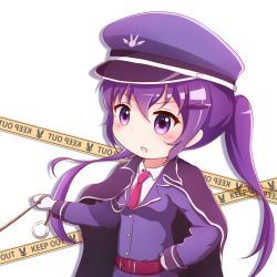 Rule 34 | 1girl, belt, belt buckle, blush, breasts, buckle, caution tape, collared shirt, commentary request, gloves, gochuumon wa usagi desu ka?, goth risuto, hair between eyes, hair ornament, hairclip, hand on own hip, hat, holding, jacket, keep out, long hair, long sleeves, looking away, necktie, parted lips, peaked cap, pink necktie, purple eyes, purple hair, purple hat, purple jacket, red belt, shirt, simple background, small breasts, solo, tedeza rize, twintails, upper body, v-shaped eyebrows, very long hair, white background, white gloves, white shirt