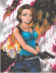 Rule 34 | 1girl, 2020, absurdres, artist name, black gloves, blood, blue eyes, breasts, brown hair, bullet hole, capcom, cleavage, closed mouth, collarbone, cowboy shot, debris, denim, elbow pads, female focus, fingerless gloves, fire, gloves, gun, highres, holding, holding gun, holding weapon, jeans, jewelry, jill valentine, lips, medium breasts, pants, parted lips, pendant, ravernclouk design, resident evil, resident evil 3, resident evil 3: nemesis, resident evil 3 (remake), shirt, short hair, sleeveless, sleeveless shirt, solo, standing, traditional media, weapon, white shirt