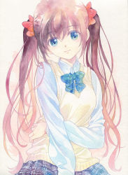 Rule 34 | 1girl, 3:, agahari, arm around waist, blue eyes, bow, brown hair, graphite (medium), hair bow, highres, long hair, long sleeves, looking at viewer, original, painting (medium), plaid, plaid bow, plaid skirt, pleated skirt, school uniform, simple background, skirt, solo, sweater vest, traditional media, twintails, white background