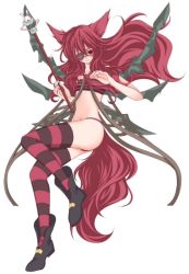 Rule 34 | 1girl, animal ears, ar tonelico, ar tonelico iii, bra, eyepatch, flat chest, gust, lingerie, long hair, momoko (ar tonelico iii), necktie, panties, red eyes, red hair, simple background, smile, solo, strapless, striped clothes, striped panties, striped thighhighs, tail, thighhighs, tube top, underwear, wand, white background