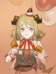 Rule 34 | 1girl, :d, arknights, balloon, blonde hair, chicken (food), choker, fengyin shici guozi, food, food on face, fried chicken, hair between eyes, hat, highres, holding, holding food, horns, ifrit (arknights), ifrit (children&#039;s party) (arknights), looking at viewer, low twintails, official alternate costume, open clothes, open mouth, open shirt, orange background, orange eyes, party hat, red choker, red ribbon, ribbon, ribbon choker, shirt, short hair, simple background, smile, solo, strapless, tube top, twintails, upper body, white shirt