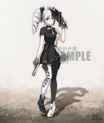 Rule 34 | 1girl, absurdres, belt pouch, black bow, black dress, black footwear, black hair, black pantyhose, blue bow, blunt bangs, bow, closed mouth, commentary request, dress, drill hair, english text, full body, girls&#039; frontline, grey eyes, gun, hair bow, highres, holding, holding gun, holding weapon, holster, looking at viewer, multicolored bow, multicolored clothes, multicolored dress, multicolored hair, multicolored pantyhose, original, pantyhose, pouch, sakatakin, shadow, simple background, solo, thigh holster, twin drills, weapon, weapon request, white bow, white dress, white footwear, white hair, white pantyhose