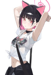 Rule 34 | 1girl, absurdres, animal ears, black choker, black hair, black jacket, blue archive, blush, cat ears, choker, clothes around waist, extra ears, halo, highres, jacket, jacket around waist, kazusa (band) (blue archive), kazusa (blue archive), navel, official alternate costume, parted lips, pink halo, red eyes, riel (ataraxia2334), shirt, short hair, short sleeves, simple background, skirt, solo, white background, white shirt, white skirt
