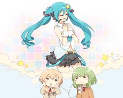 Rule 34 | 3girls, :&gt;, aqua hair, black skirt, blonde hair, blush, closed eyes, collared shirt, curly hair, earbuds, earphones, emblem, green hair, gumi, hair ornament, hands on own cheeks, hands on own face, hatsune miku, headset, holding, hood, hoodie, iede no shounen to maigo shoujo, kagamine rin, long hair, long sleeves, multiple girls, musical note, navel, necktie, orange sweater, own hands clasped, own hands together, parted lips, quaver, red necktie, shared earphones, shirt, skirt, sleeveless, sleeveless shirt, star (symbol), star hair ornament, sweater, tensei shoujo to tensei shounen, thought bubble, triangle mouth, twintails, very long hair, vocaloid, white shirt, wing collar, wrist cuffs, yunare, zipper