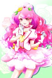 Rule 34 | 1girl, :d, blush, choker, commentary request, cure grace, dress, earrings, eyelashes, gloves, gradient background, green background, hair ornament, hanadera nodoka, happy, healin&#039; good precure, highres, jewelry, long hair, looking at viewer, magical girl, nita (onakatohoppe), open mouth, pink choker, pink dress, pink eyes, pink hair, pink theme, precure, puffy short sleeves, puffy sleeves, short sleeves, smile, solo, standing, vest, white gloves