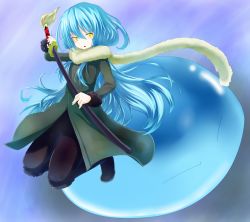 Rule 34 | 10s, 1other, black footwear, black pants, blue hair, boots, coat, commentary, fur-trimmed boots, fur trim, green coat, hair between eyes, holding, holding sheath, holding sword, holding weapon, knee boots, long hair, long sleeves, looking at viewer, open mouth, pants, rimuru tempest, scabbard, scarf, sheath, sheathed, slime (creature), sword, taihentai, tensei shitara slime datta ken, very long hair, weapon, yellow eyes