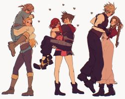 Rule 34 | 3boys, 3girls, aerith gainsborough, blonde hair, boots, bow, bracelet, braid, braided ponytail, brown hair, carrying, cloud strife, commentary, couple, elf, english commentary, final fantasy, final fantasy vii, final fantasy vii remake, heart, hood, hooded vest, hoodie, jewelry, kairi (kingdom hearts), kingdom hearts, leather, leather boots, lifting person, link, multiple boys, multiple girls, nintendo, pointy ears, princess carry, princess zelda, red hair, sera (serappi), simple background, sleeveless, smile, sora (kingdom hearts), spiked hair, square enix, the legend of zelda, turtleneck, vest