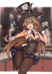 Rule 34 | 1girl, animal ears, black gloves, black hat, black pantyhose, breasts, brown hair, cleavage, detached collar, frilled leotard, frills, girls&#039; frontline, gloves, green eyes, hair between eyes, hat, heart, highres, holding, holding microphone, leotard, long hair, medium breasts, microphone, necktie, one eye closed, open mouth, pantyhose, playboy bunny, r scrubed, rabbit ears, short necktie, smile, solo, spitfire (girls&#039; frontline), top hat, white wrist cuffs, wrist cuffs
