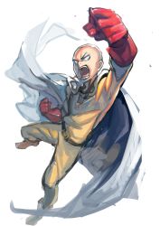 Rule 34 | 1boy, absurdres, azuki (azuki-taste), bald, belt, bodysuit, cape, clenched hand, commentary, full body, gloves, highres, looking at viewer, male focus, one-punch man, open mouth, red gloves, saitama (one-punch man), simple background, sketch, solo, superhero costume, teeth, white background, white cape, yellow bodysuit