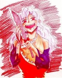 Rule 34 | 1girl, bare shoulders, blood, blood on clothes, blood on face, bow, cleaver, crazy, crazy eyes, crazy smile, detached sleeves, dress, fangs, highres, knife, long hair, miprea, open mouth, red eyes, sakata nemuno, saliva, smile, solo, touhou, traditional media, wavy hair, white hair