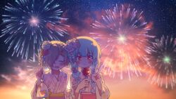 Rule 34 | 2girls, absurdres, bag, bangs pinned back, blue hair, blush stickers, braid, candy, candy apple, evening, facing viewer, fireworks, floral print, food, grey hair, hair ornament, hair over one eye, hair over shoulder, hairclip, hand up, highres, holding, holding bag, holding candy, holding food, hyodou shizuku, idoly pride, japanese clothes, kabotd, kanzashi, kimono, kinchaku, long bangs, looking at viewer, low twintails, multiple girls, obi, one eye covered, pink kimono, pouch, print kimono, red eyes, sash, shiraishi chisa, side-by-side, sky, space, star (sky), starry sky, twin braids, twintails, upper body, v, yukata