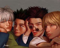 Rule 34 | 4boys, androgynous, black hair, blonde hair, blue eyes, brown hair, child, closed mouth, commentary, english commentary, formal, freckles, glasses, gon freecss, grey background, hunter x hunter, killua zoldyck, kurapika, laurarts 23, leorio paladiknight, long sleeves, looking at another, looking at viewer, male focus, multiple boys, short hair, simple background, smile, suit, sunglasses, white hair
