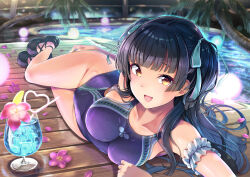 Rule 34 | 1girl, black footwear, black hair, blue nails, blue one-piece swimsuit, blush, breasts, collarbone, commentary request, commission, competition swimsuit, drink, hair ornament, hassen (8cm), highleg, highleg swimsuit, highres, idolmaster, idolmaster shiny colors, large breasts, looking at viewer, lying, mayuzumi fuyuko, nail polish, on side, one-piece swimsuit, petals, skeb commission, smile, solo, swimsuit, thighs, two side up, water, yellow eyes