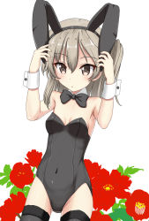 Rule 34 | 1girl, animal ears, arms up, bare shoulders, black bow, black bowtie, black hairband, black leotard, black thighhighs, bow, bowtie, breasts, brown eyes, brown hair, commentary request, covered navel, cowboy shot, fake animal ears, fingernails, flipper, flower, girls und panzer, groin, hair between eyes, hairband, leotard, long hair, one side up, partial commentary, playboy bunny, rabbit ears, red flower, shimada arisu, simple background, small breasts, solo, strapless, strapless leotard, thighhighs, white background, wrist cuffs