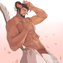 Rule 34 | 1boy, abs, arrow (projectile), asian, bara, beard, blush, bow (weapon), brown hair, cupid hanzo, facial hair, flower, flower tattoo, hanzo (overwatch), highres, holding, holding flower, large pectorals, lixiao6342, loincloth, looking at viewer, male focus, mature male, muscular, muscular male, nipples, official alternate costume, overwatch, pectorals, petals, pink flower, pubic hair, pubic hair peek, short hair, smile, solo, tattoo, tiara, valentine, weapon