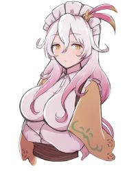 Rule 34 | 1girl, apo 518, breasts, closed mouth, collared shirt, crossed arms, elsje (rune factory), headdress, highres, large breasts, long hair, looking at viewer, multicolored hair, pink hair, rune factory, rune factory 5, shirt, two-tone hair, white hair, yellow eyes