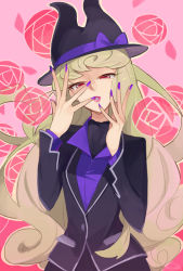 Rule 34 | 1girl, aurora (disney), black hat, black jacket, blonde hair, bow, collared shirt, cosplay, disney, floral background, flower, half-closed eyes, hand over face, hat, hat bow, hat ribbon, jacket, lipstick, long hair, long sleeves, looking at viewer, makeup, marfie, marfie (cosplay), nail polish, namazu (dc 27546), outline, parted lips, petals, pink background, pink lips, pocket, purple bow, purple ribbon, purple shirt, recruiters (disney), red eyes, ribbon, rose, shirt, signature, sleeping beauty, solo, upper body