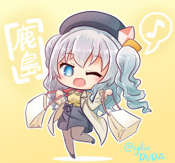 Rule 34 | 1girl, :d, alternate costume, asimo953, bag, beret, black footwear, black skirt, blue eyes, blush, character name, chibi, full body, hair between eyes, happy, hat, highres, holding, holding bag, jacket, kantai collection, kashima (kancolle), kerchief, long sleeves, mary janes, musical note, neckerchief, one eye closed, open mouth, outline, pantyhose, red neckerchief, shirt, shoes, shopping bag, sidelocks, silver hair, simple background, skirt, smile, solo, spoken musical note, standing, standing on one leg, tsurime, twitter username, two side up, wavy hair, white outline, yellow background, yellow jacket, yellow shirt