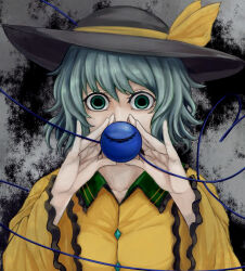 Rule 34 | 1girl, black hat, bow, buttons, commentary, covered mouth, diamond button, english commentary, frilled shirt collar, frilled sleeves, frills, green eyes, hat, hat bow, komeiji koishi, light green hair, long sleeves, looking at viewer, medium bangs, seiya (cardigan), shirt, short hair, solo, third eye, touhou, upper body, wide-eyed, wide sleeves, yellow bow, yellow shirt
