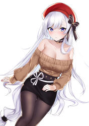 Rule 34 | 1girl, absurdres, artist name, azur lane, bare shoulders, belfast (azur lane), belfast (shopping with the head maid) (azur lane), beret, black choker, black pantyhose, black skirt, blue eyes, blurry, breasts, brown sweater, casual, choker, cleavage, collarbone, commentary, depth of field, hair between eyes, hat, head tilt, highres, jyu-so, large breasts, long hair, long sleeves, looking at viewer, miniskirt, off-shoulder sweater, off shoulder, official alternate costume, pantyhose, pencil skirt, red hat, sidelocks, silver hair, simple background, skirt, solo, sweater, thighs, very long hair, white background, white hair